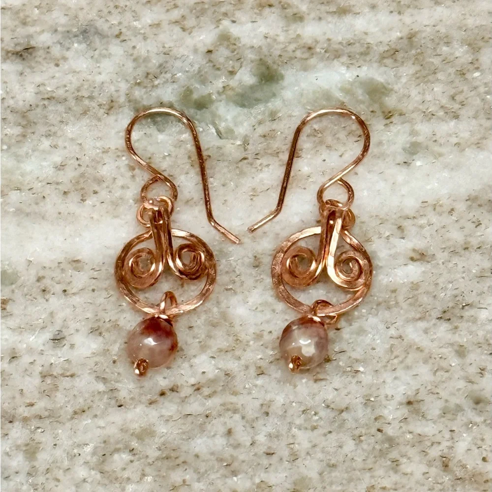 Celtic-Domed Spiral Polished Copper Earrings with Fire Agate Stone Drops